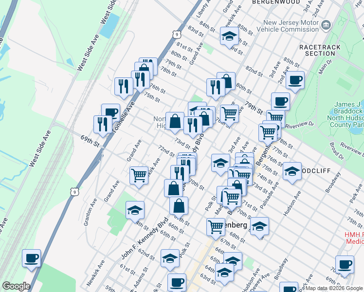 map of restaurants, bars, coffee shops, grocery stores, and more near 1122 72nd Street in North Bergen