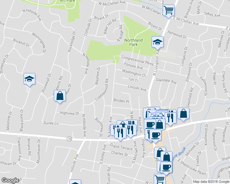 map of restaurants, bars, coffee shops, grocery stores, and more near 84 North Ashby Avenue in Livingston