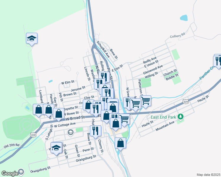 map of restaurants, bars, coffee shops, grocery stores, and more near 206 Pine Street in Tamaqua