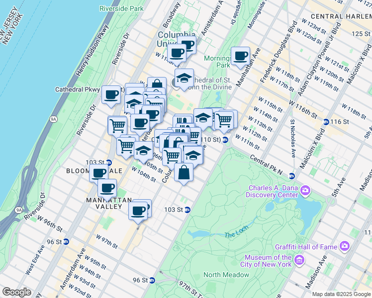 map of restaurants, bars, coffee shops, grocery stores, and more near 973 Columbus Avenue in New York