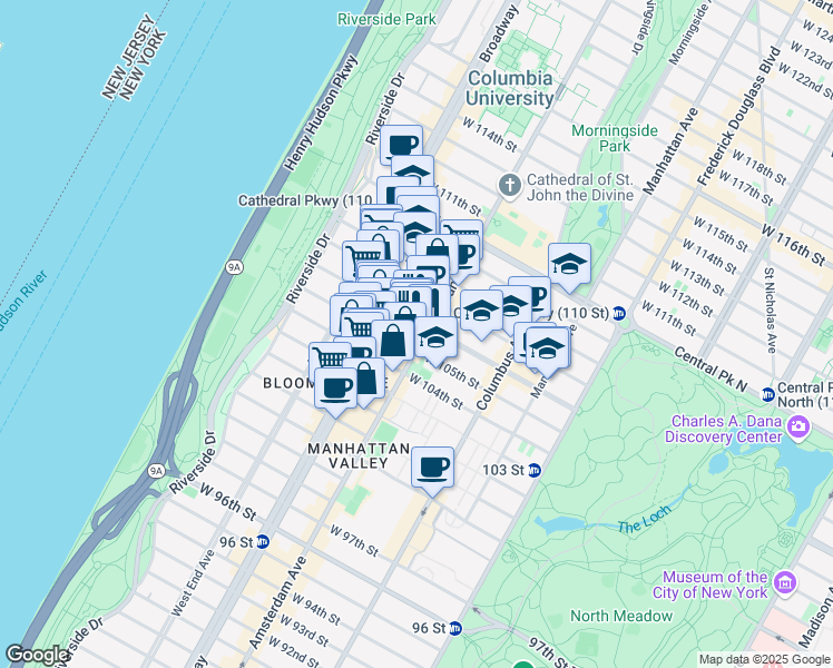 map of restaurants, bars, coffee shops, grocery stores, and more near 920 Amsterdam Avenue in New York