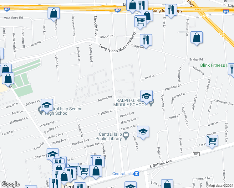 map of restaurants, bars, coffee shops, grocery stores, and more near 111 Hawthorne Avenue in Central Islip