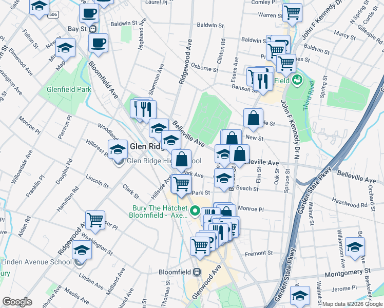 map of restaurants, bars, coffee shops, grocery stores, and more near 24 Edgewood Road in Glen Ridge