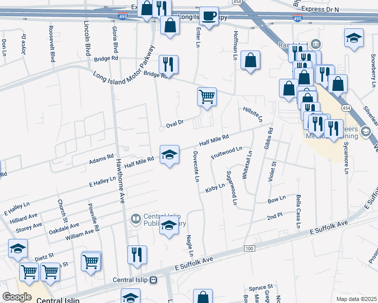 map of restaurants, bars, coffee shops, grocery stores, and more near 304 Half Mile Road in Central Islip