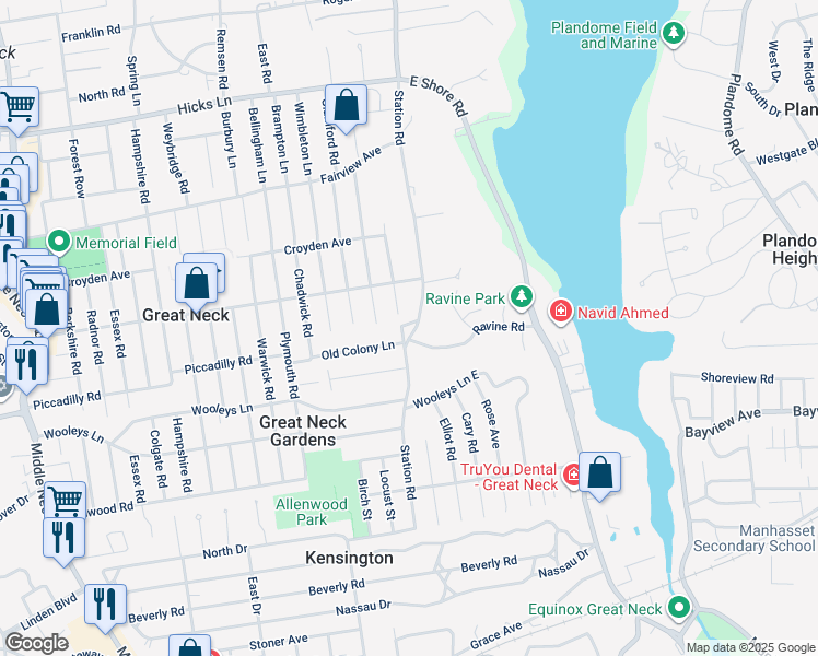 map of restaurants, bars, coffee shops, grocery stores, and more near 1 Ravine Road in Great Neck