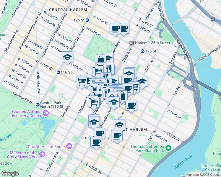 map of restaurants, bars, coffee shops, grocery stores, and more near 1663 Park Avenue in New York