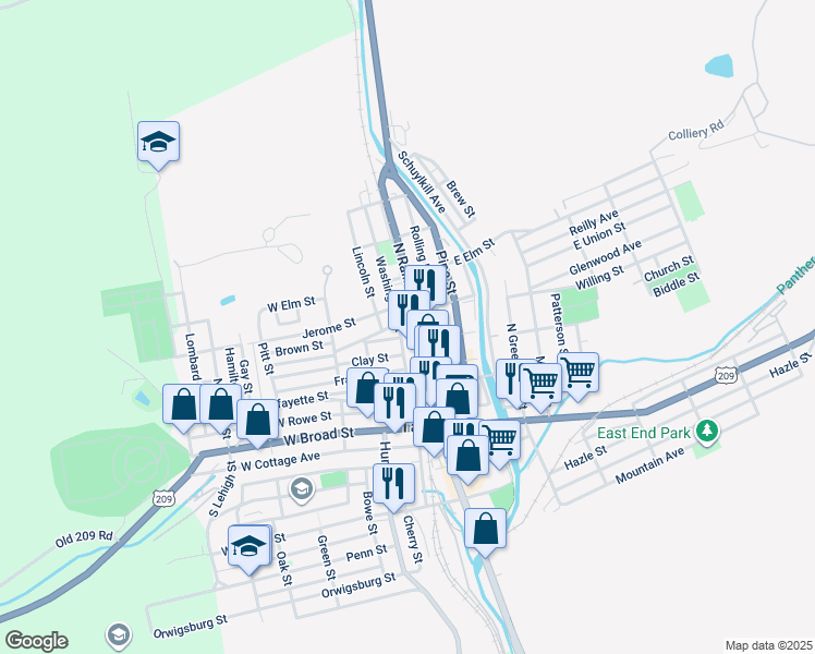 map of restaurants, bars, coffee shops, grocery stores, and more near 216 North Railroad Street in Tamaqua
