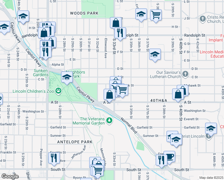 map of restaurants, bars, coffee shops, grocery stores, and more near 1331 South 33rd Street in Lincoln