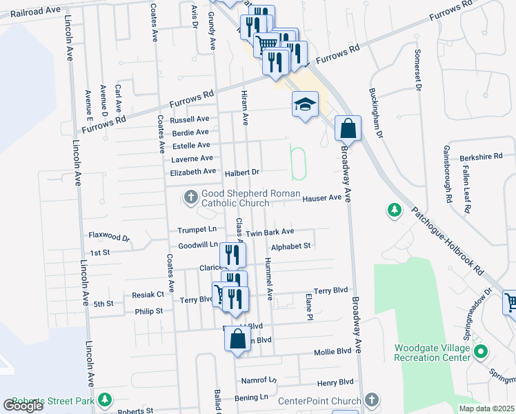 map of restaurants, bars, coffee shops, grocery stores, and more near 1471 Hummel Avenue in Holbrook