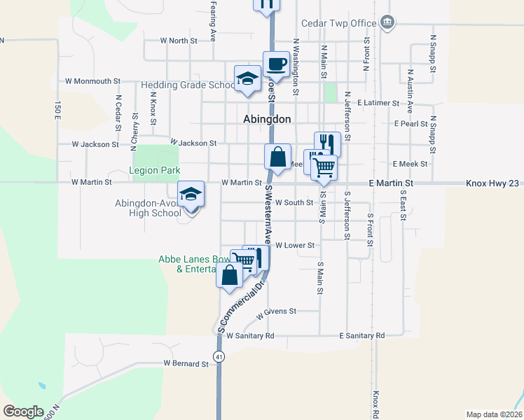 map of restaurants, bars, coffee shops, grocery stores, and more near 201-299 S Western Ave in Abingdon