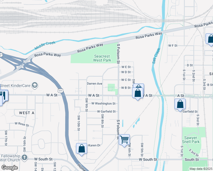 map of restaurants, bars, coffee shops, grocery stores, and more near 742 West B Street in Lincoln