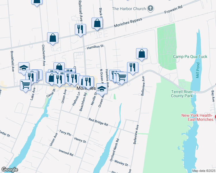 map of restaurants, bars, coffee shops, grocery stores, and more near in Center Moriches