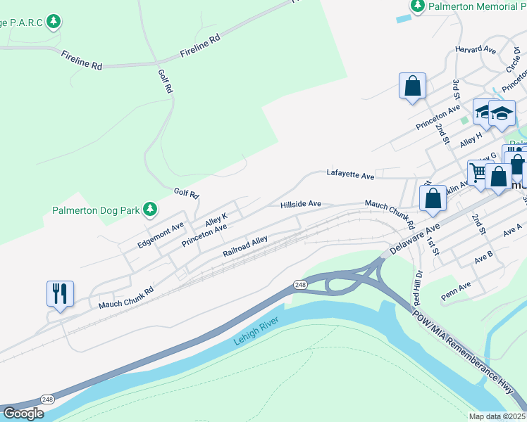 map of restaurants, bars, coffee shops, grocery stores, and more near 670 Princeton Avenue in Palmerton