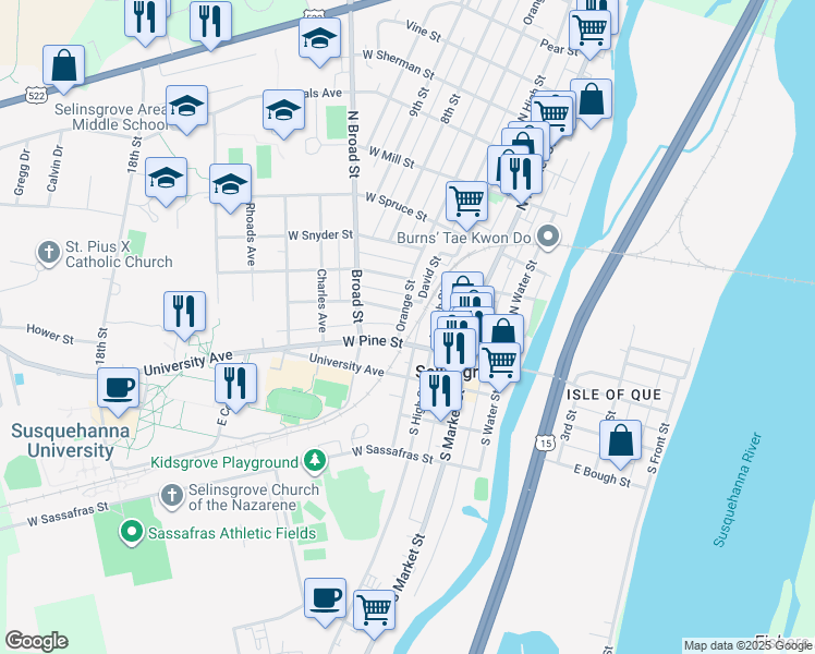 map of restaurants, bars, coffee shops, grocery stores, and more near 7 Orange Street in Selinsgrove