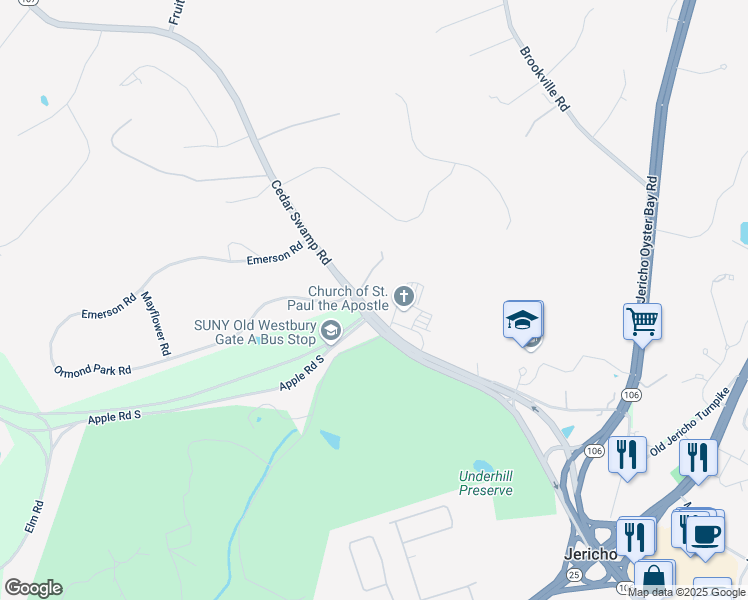 map of restaurants, bars, coffee shops, grocery stores, and more near 99 Cedar Swamp Road in Jericho