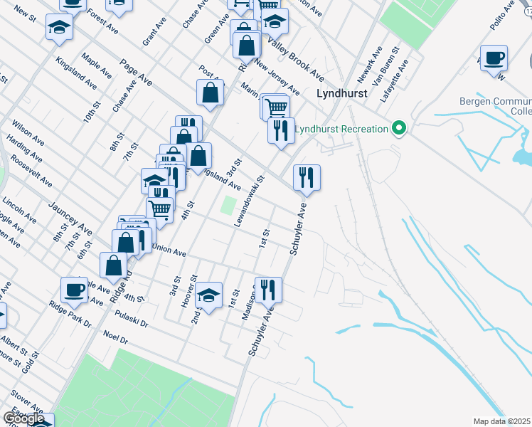 map of restaurants, bars, coffee shops, grocery stores, and more near 618 1st Street in Lyndhurst