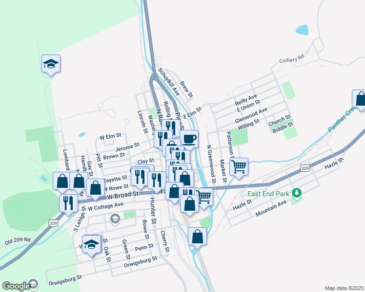 map of restaurants, bars, coffee shops, grocery stores, and more near 206 Pine Street in Tamaqua