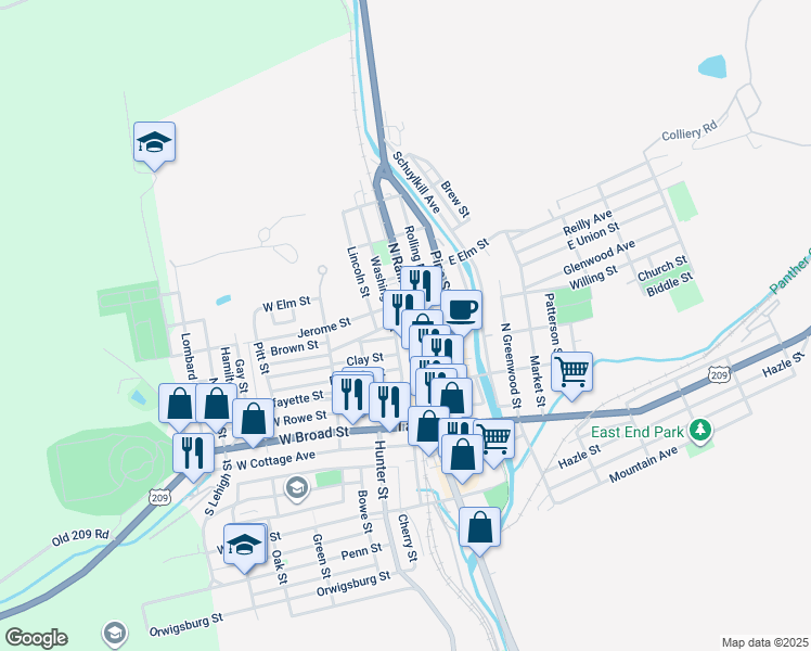 map of restaurants, bars, coffee shops, grocery stores, and more near 216 North Railroad Street in Tamaqua