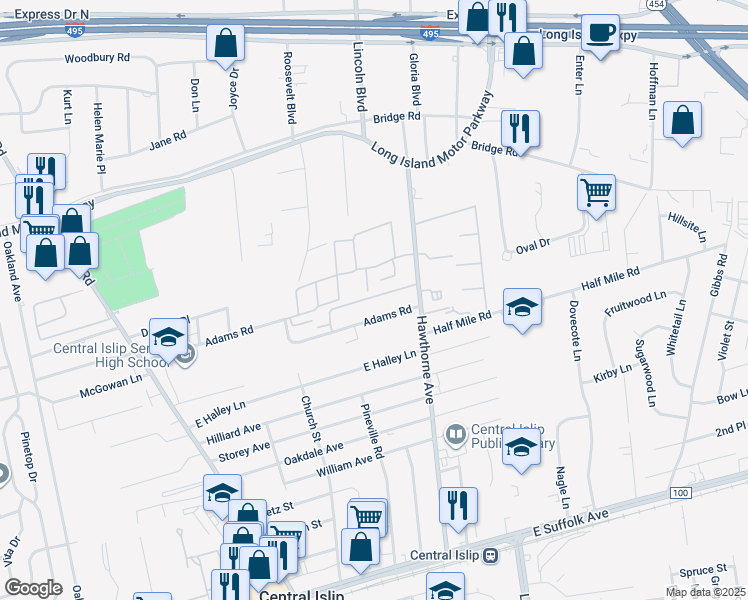 map of restaurants, bars, coffee shops, grocery stores, and more near 71 Adams Road in Central Islip