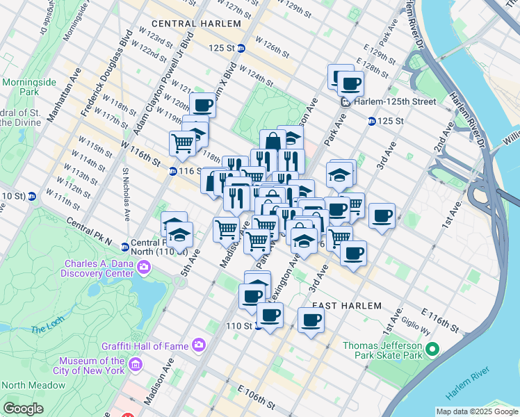 map of restaurants, bars, coffee shops, grocery stores, and more near 87 East 116th Street in New York