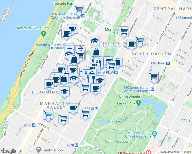 map of restaurants, bars, coffee shops, grocery stores, and more near 965 Columbus Avenue in New York