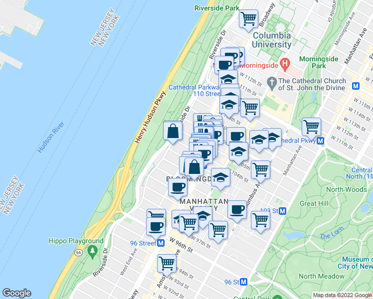 map of restaurants, bars, coffee shops, grocery stores, and more near 2701 Broadway in New York