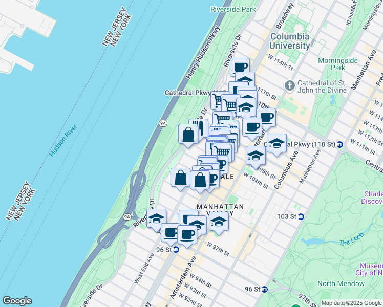 map of restaurants, bars, coffee shops, grocery stores, and more near 314 Riverside Drive in New York