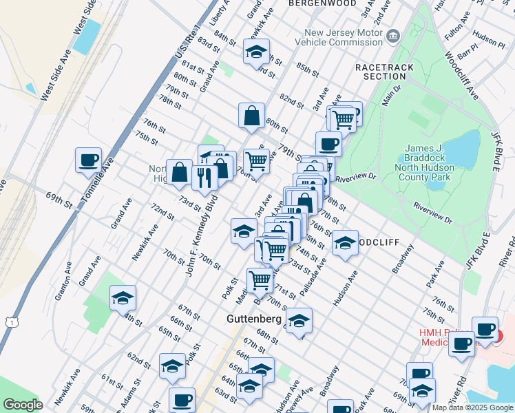 map of restaurants, bars, coffee shops, grocery stores, and more near in North Bergen