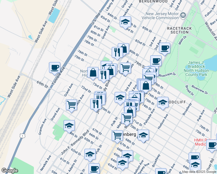map of restaurants, bars, coffee shops, grocery stores, and more near 7309 5th Avenue in North Bergen