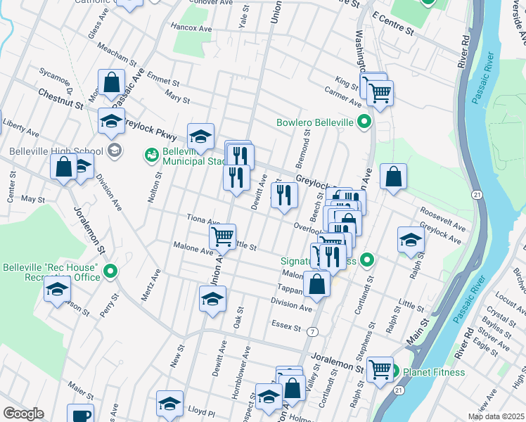 map of restaurants, bars, coffee shops, grocery stores, and more near 111 Overlook Avenue in Belleville