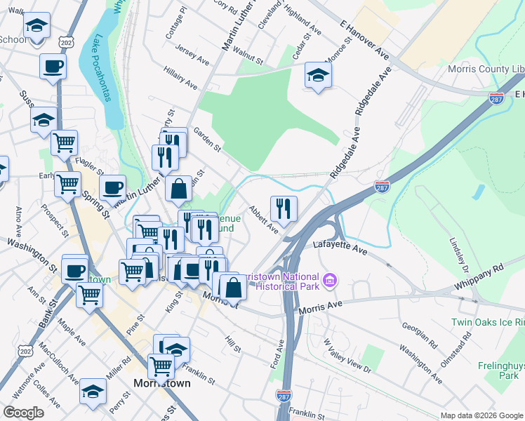 map of restaurants, bars, coffee shops, grocery stores, and more near 69 Abbett Avenue in Morristown
