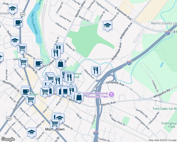 map of restaurants, bars, coffee shops, grocery stores, and more near 69 Abbett Avenue in Morristown