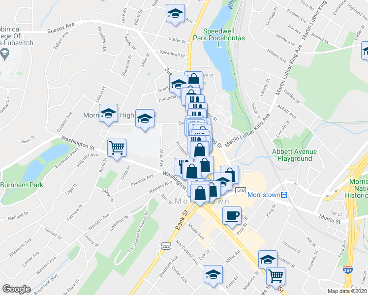 map of restaurants, bars, coffee shops, grocery stores, and more near 17 Prospect Street in Morristown