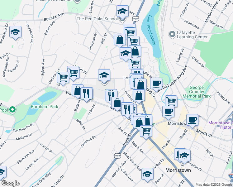 map of restaurants, bars, coffee shops, grocery stores, and more near 16 Atno Avenue in Morristown
