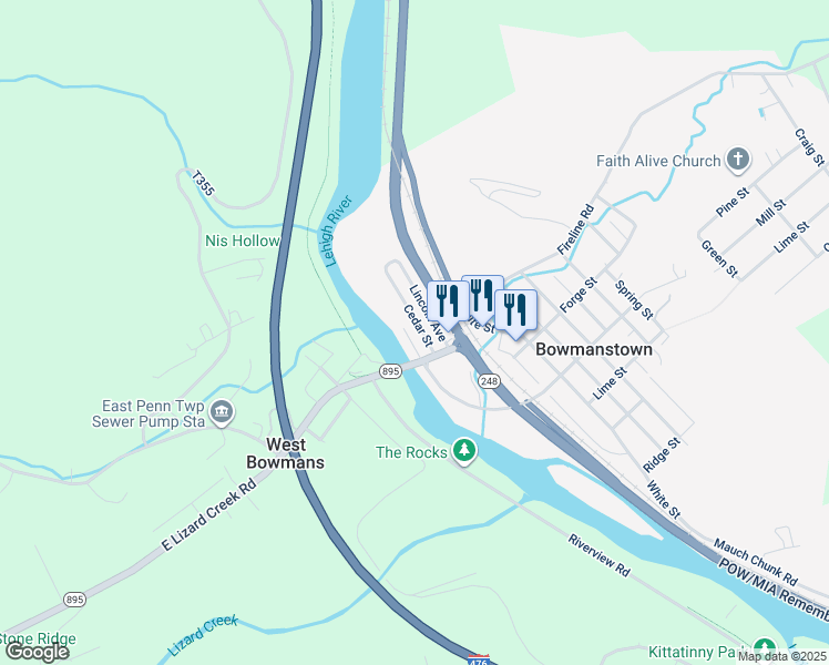 map of restaurants, bars, coffee shops, grocery stores, and more near 733 Lehigh Street in Bowmanstown