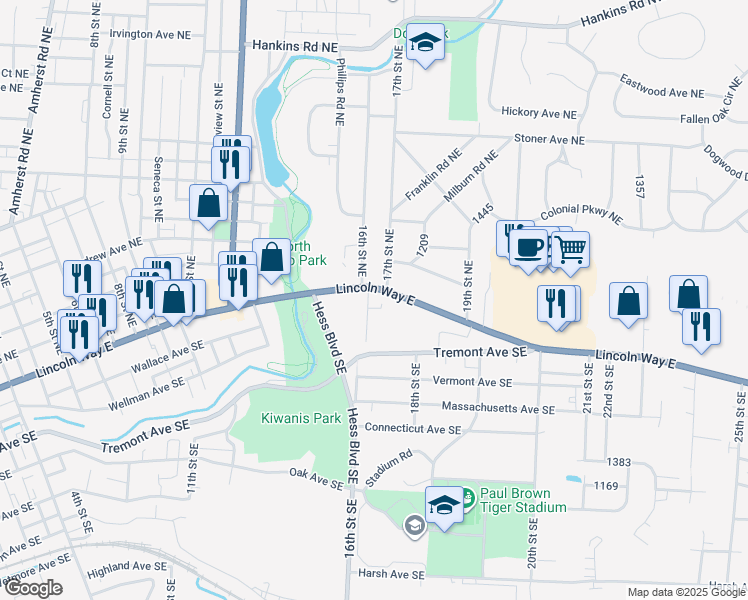 map of restaurants, bars, coffee shops, grocery stores, and more near 39 16th Street Northeast in Massillon