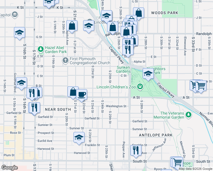 map of restaurants, bars, coffee shops, grocery stores, and more near 2444 B Street in Lincoln