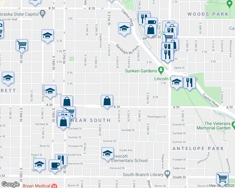 map of restaurants, bars, coffee shops, grocery stores, and more near 2115 B Street in Lincoln
