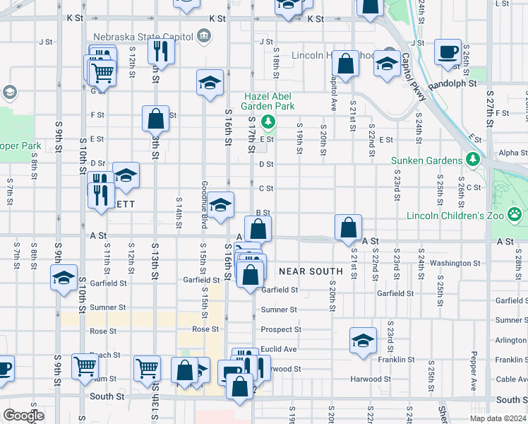 map of restaurants, bars, coffee shops, grocery stores, and more near 1727 B Street in Lincoln