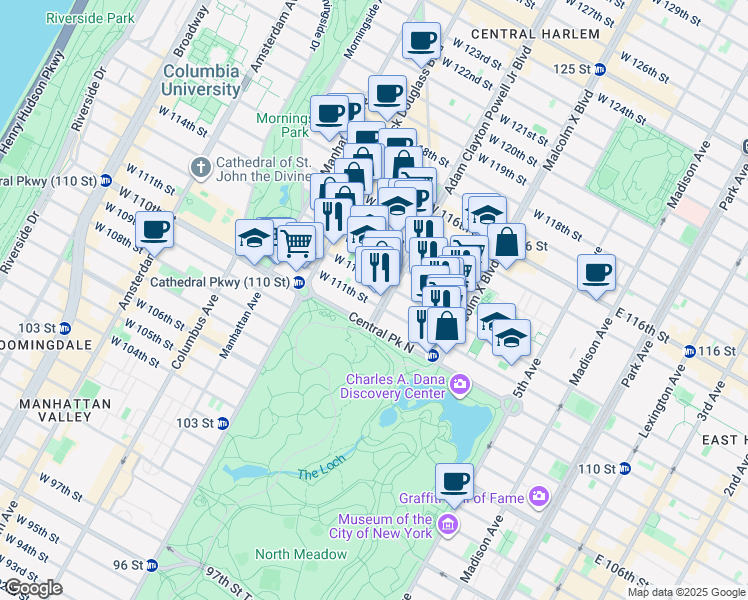 map of restaurants, bars, coffee shops, grocery stores, and more near 1836 Adam Clayton Powell Junior Boulevard in New York
