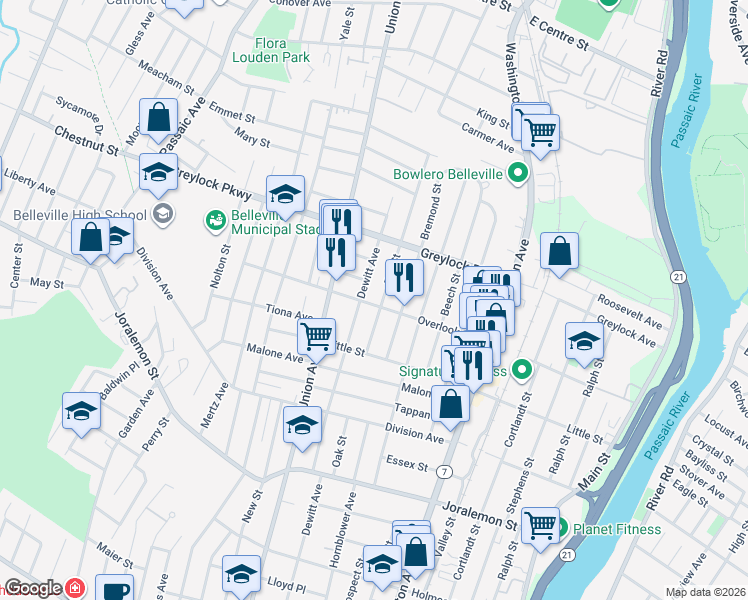 map of restaurants, bars, coffee shops, grocery stores, and more near 111 Overlook Avenue in Belleville