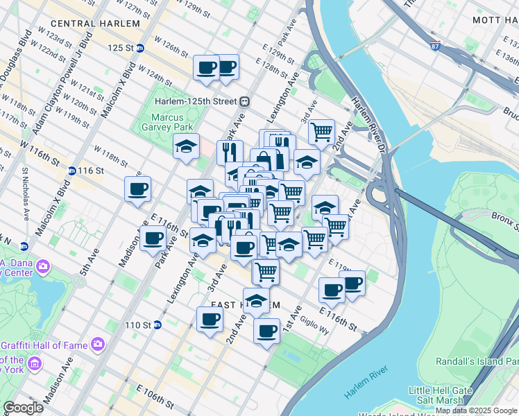 map of restaurants, bars, coffee shops, grocery stores, and more near 2193 3rd Avenue in New York