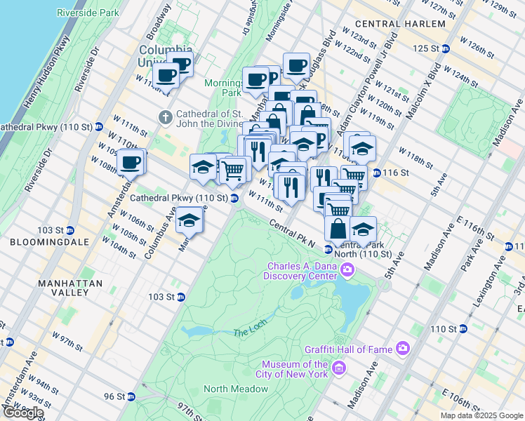 map of restaurants, bars, coffee shops, grocery stores, and more near 225 West 110th Street in New York