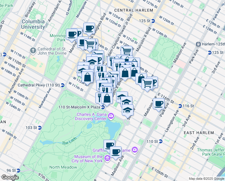 map of restaurants, bars, coffee shops, grocery stores, and more near 55 Malcolm X Boulevard in New York