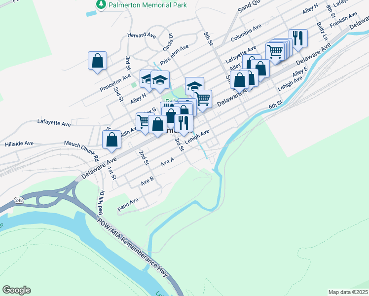map of restaurants, bars, coffee shops, grocery stores, and more near 302 Lehigh Avenue in Palmerton