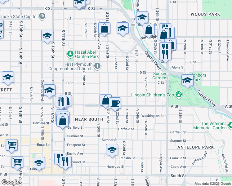 map of restaurants, bars, coffee shops, grocery stores, and more near 2144 B Street in Lincoln