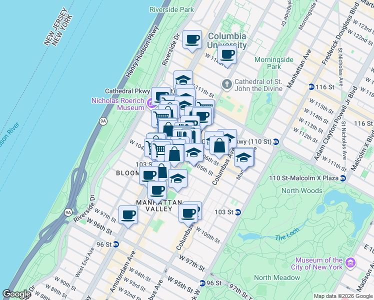 map of restaurants, bars, coffee shops, grocery stores, and more near 932 Amsterdam Avenue in New York