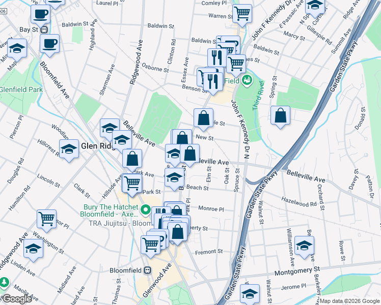 map of restaurants, bars, coffee shops, grocery stores, and more near 337 Belleville Avenue in Bloomfield