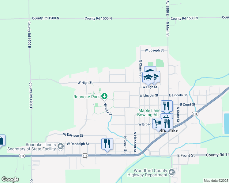 map of restaurants, bars, coffee shops, grocery stores, and more near West Prairie Street in Roanoke