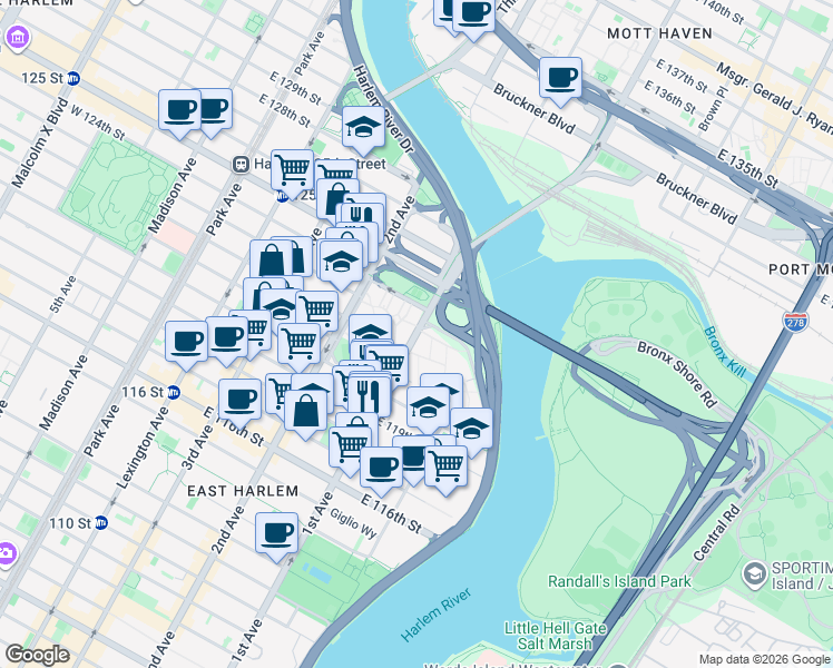 map of restaurants, bars, coffee shops, grocery stores, and more near 2396 1st Avenue in New York